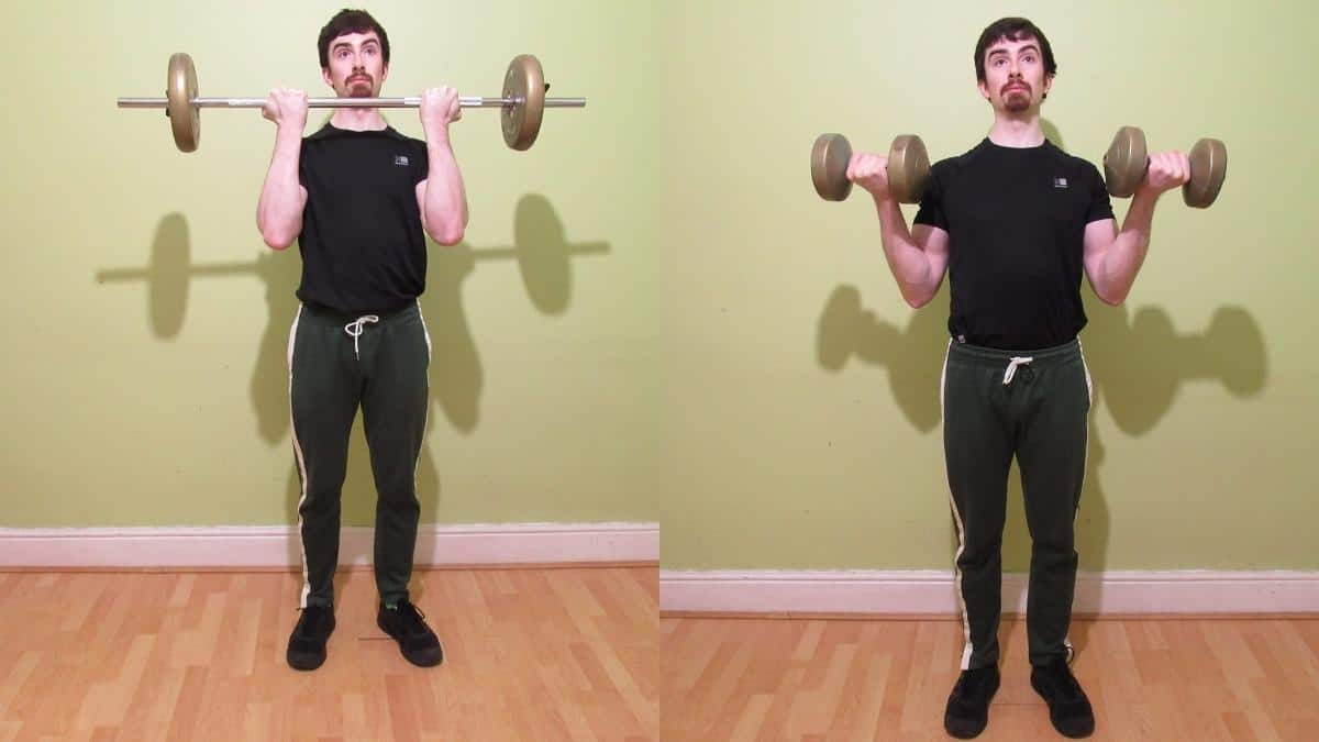 A man doing a dumbbell curls vs barbell curls comparison to show the differences