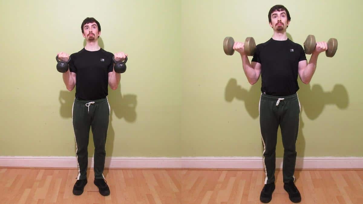 A weight lifter doing a dumbbell curls vs kettlebell curls comparison