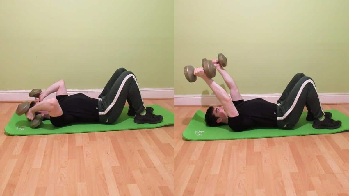 A man doing a dumbbell floor tricep extension