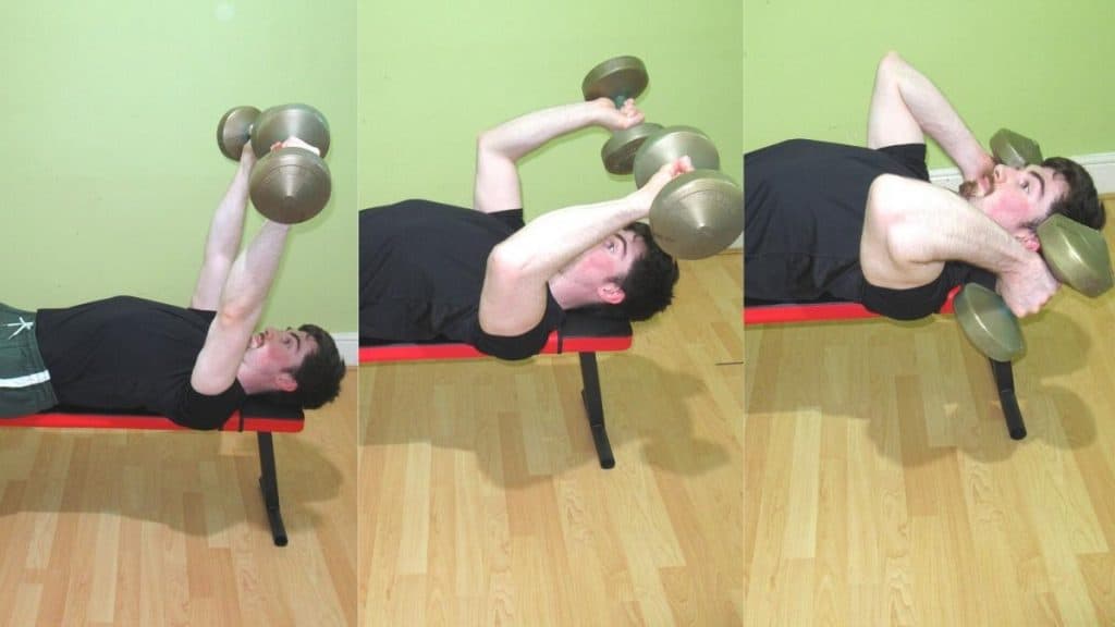 A man doing a dumbbell lying twisting triceps extension
