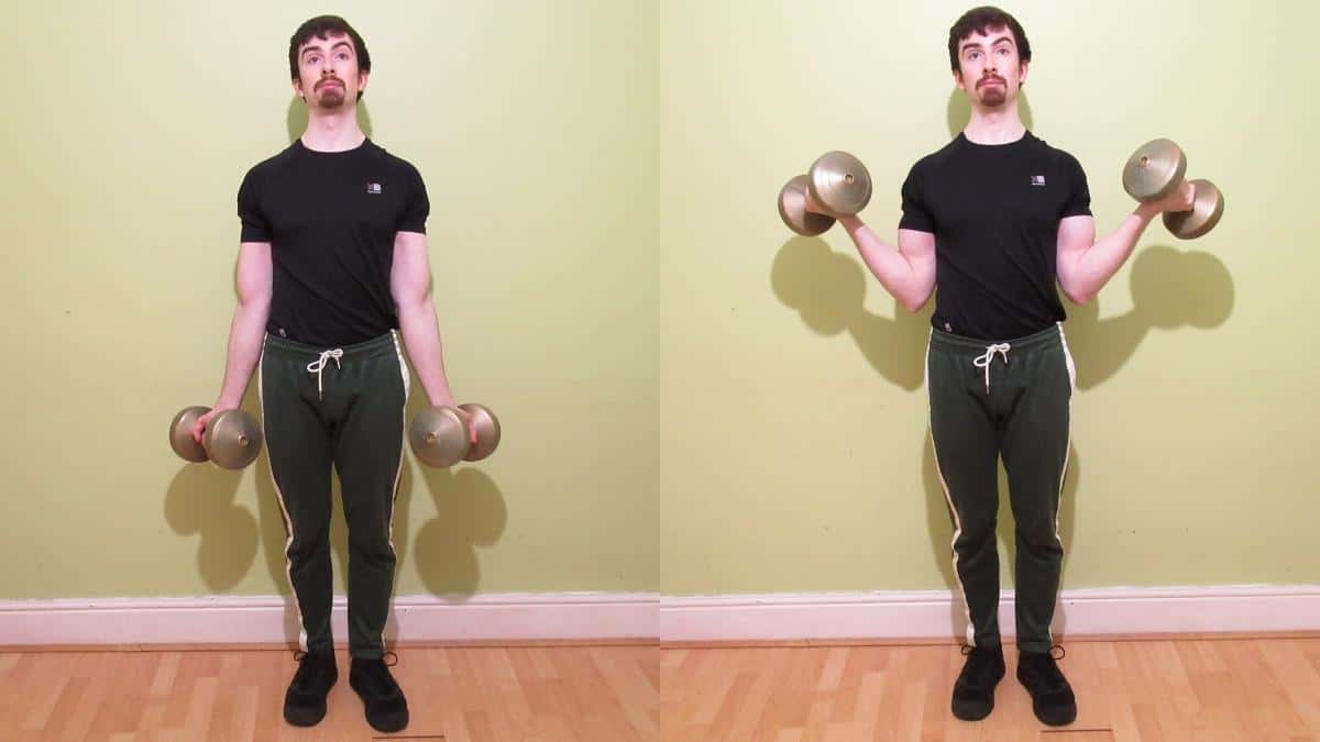 A man doing dumbbell no money curls for his biceps