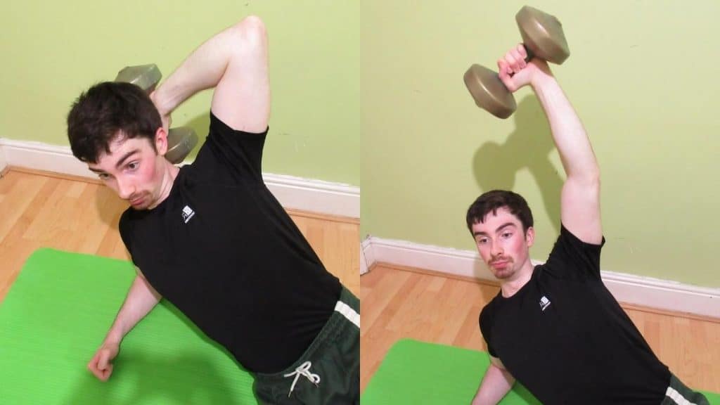 A man doing a dumbbell side leaning tricep extension