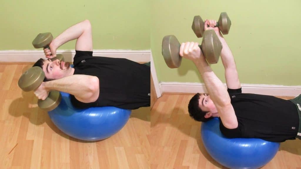 A man doing a dumbbell skull crusher on a stability ball