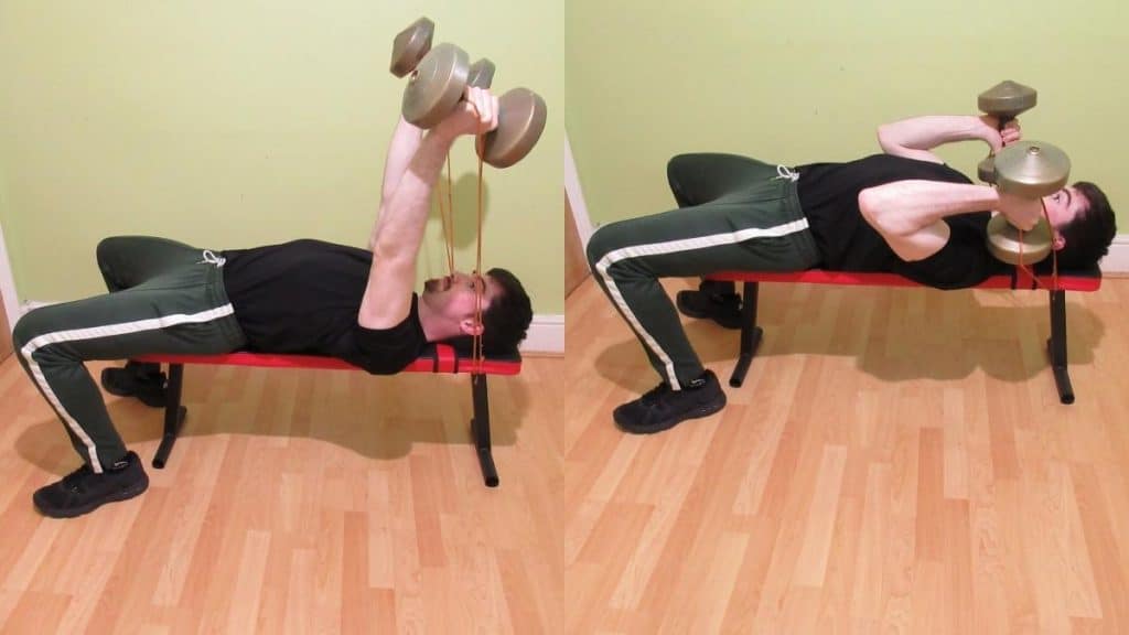 A man doing a dumbbell skull crusher with a band