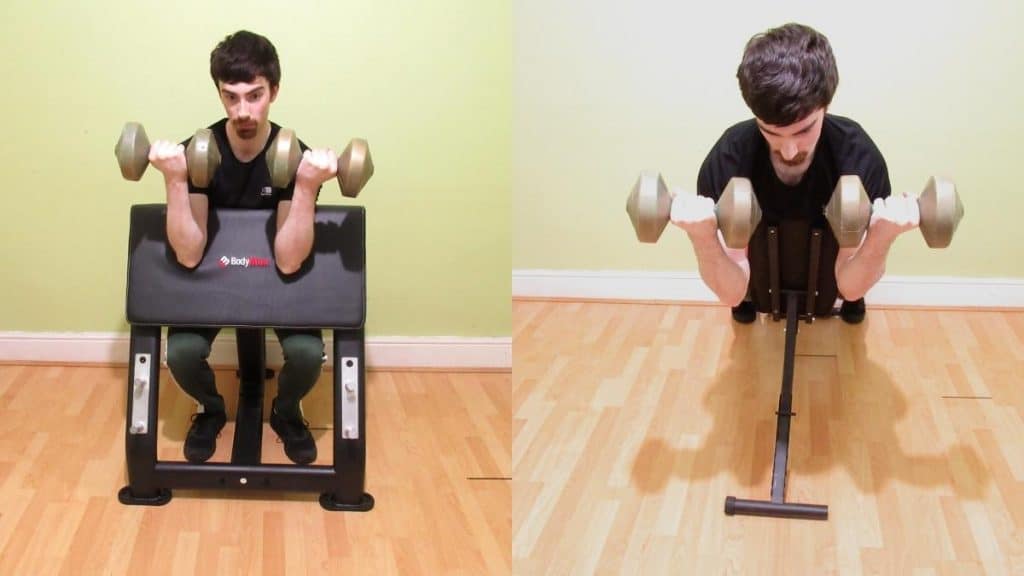 A man doing a side by side dumbbell spider curl vs preacher curl comparison
