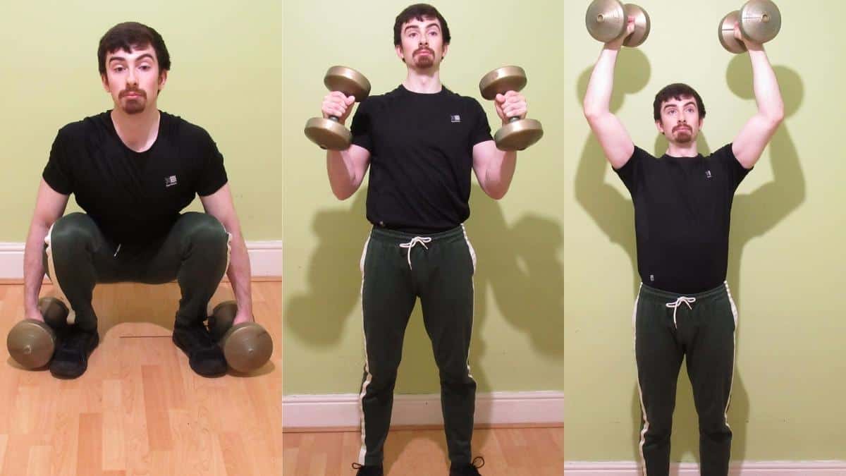 A man performing a dumbbell squat curl press