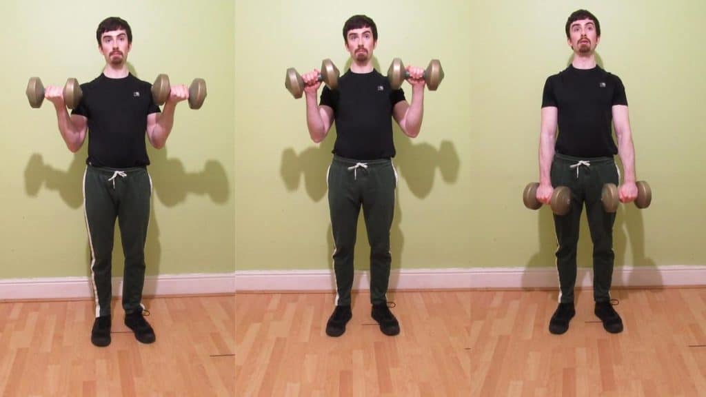 A man doing standing dumbbell Zottman curls for his biceps