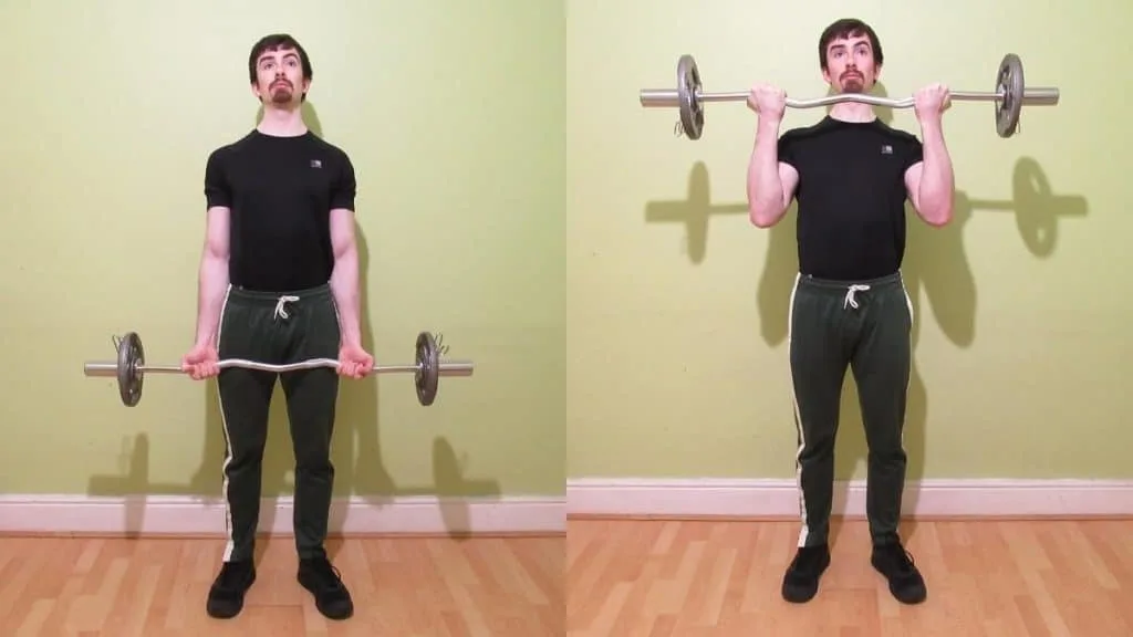 A man doing EZ bar bicep curls