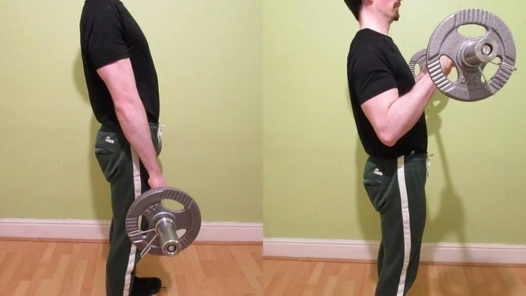 A man doing an EZ bar reverse curl