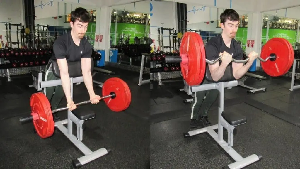 A man at the gym doing an EZ bar spider curl