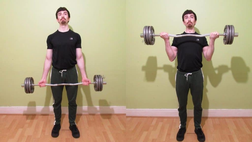 A man doing EZ bar wide grip curls for his biceps