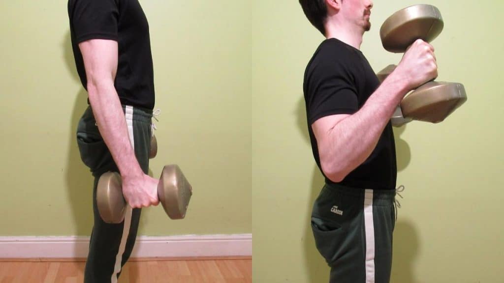 A man performing hammer bicep curls with some dumbbells