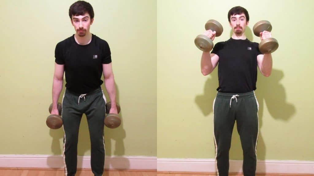 A man doing a hammer cheat curl with dumbbells