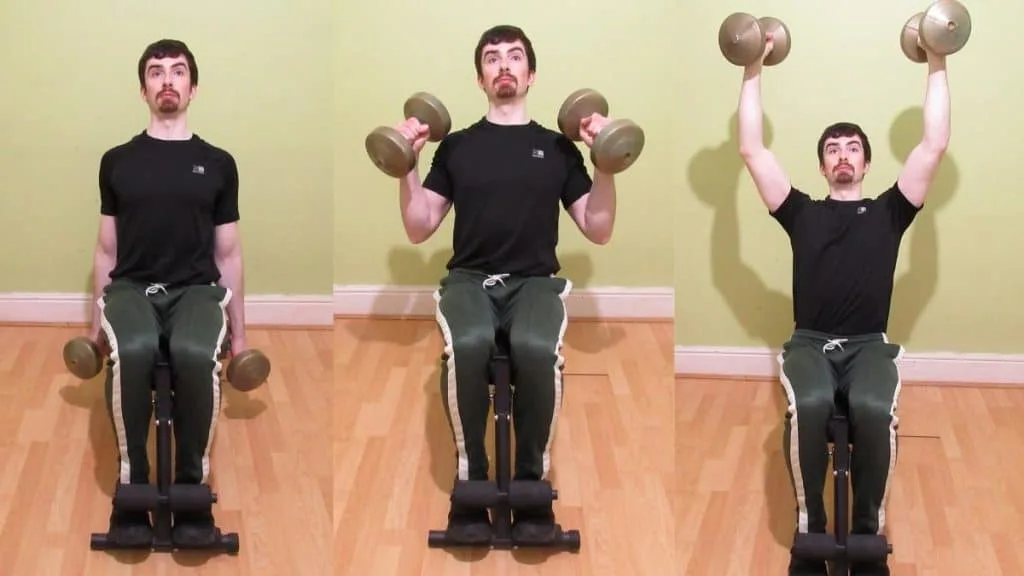 A man doing a hammer curl shoulder press