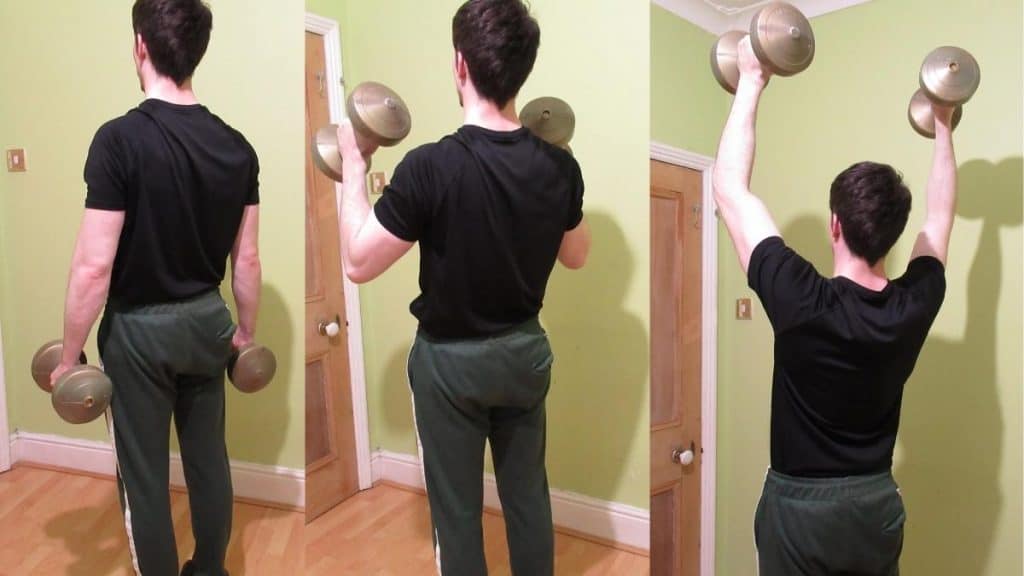 A man performing a hammer curl to press for his shoulders