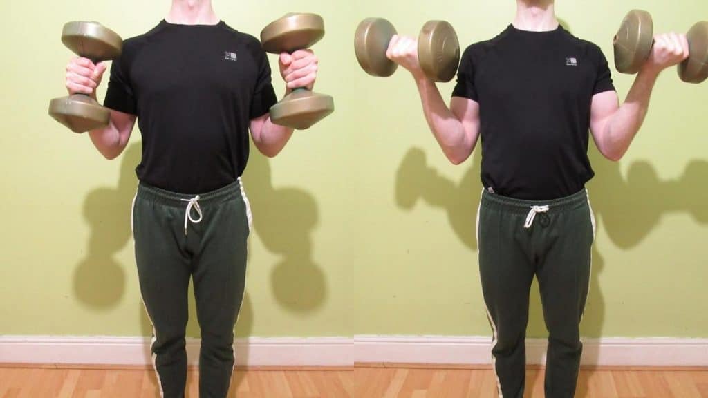 Close up of a man doing a hammer curl vs bicep curl comparison