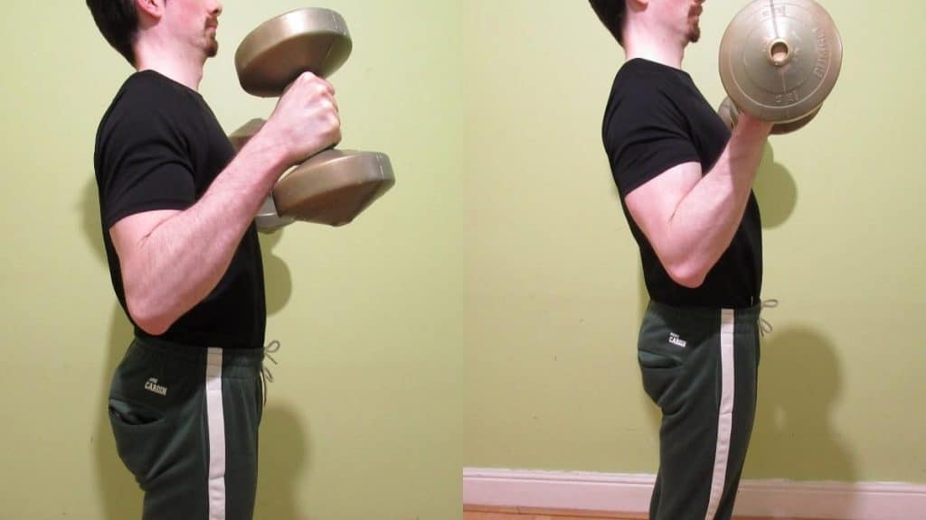 A man performing a side by side hammer curl vs dumbbell curl comparison