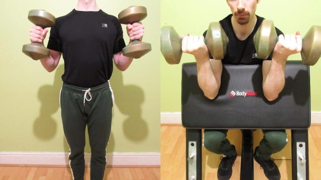 A man performing a side by side hammer curl vs preacher curl comparison