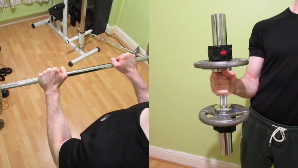 A weight lifter doing a side by side hammer curl vs reverse curl comparison