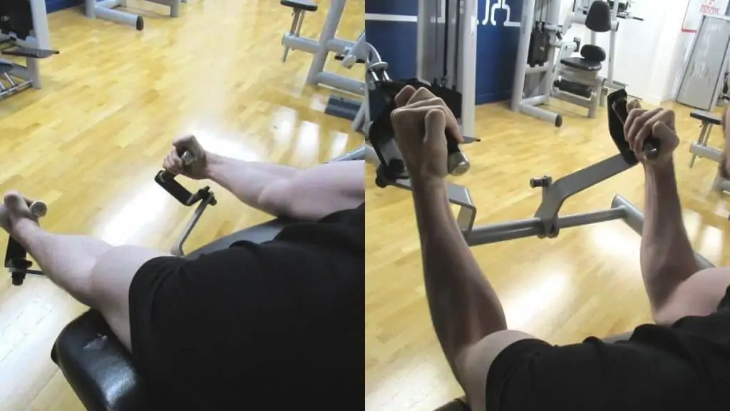 A man doing hammer curls on a machine