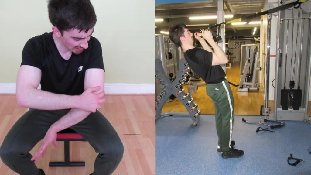 A man doing hammer curls on a suspension trainer