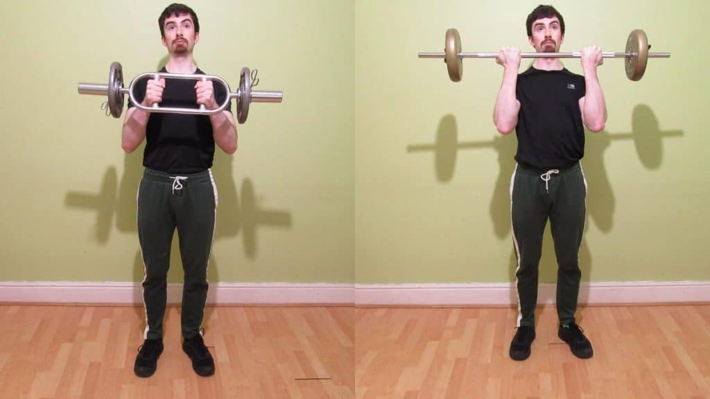 A weight lifter performing a side by side hammer curls vs barbell curls comparison