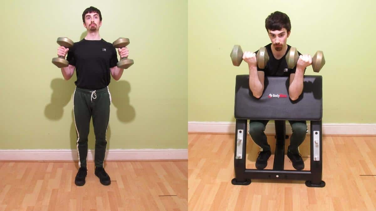 A weight lifter doing a hammer curls vs preacher curls comparison to show the differences