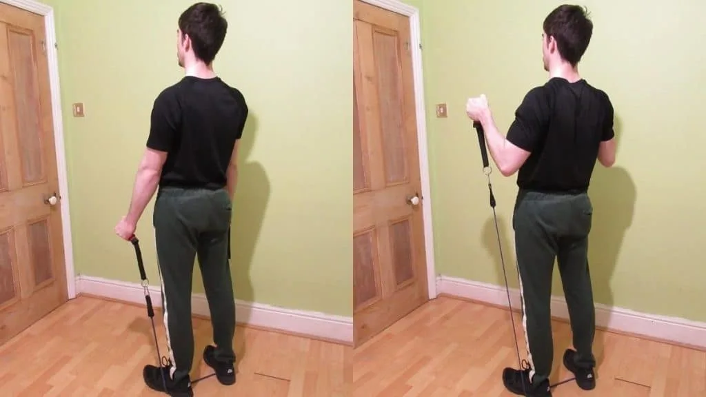 A man doing hammer curls with resistance bands