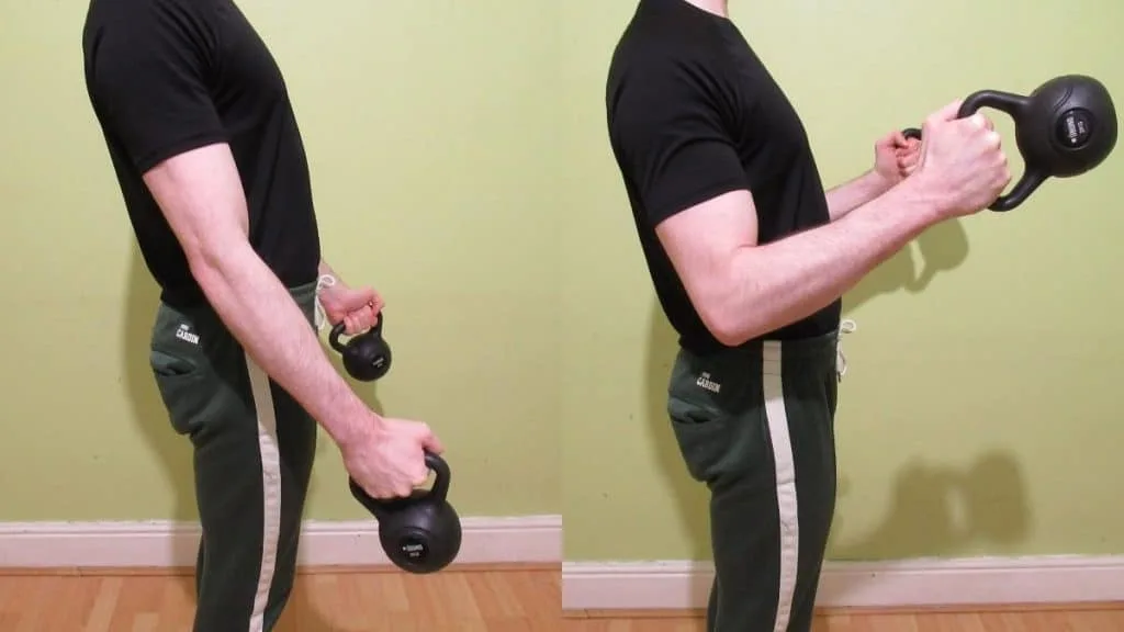 A man performing hammer kettlebell curls