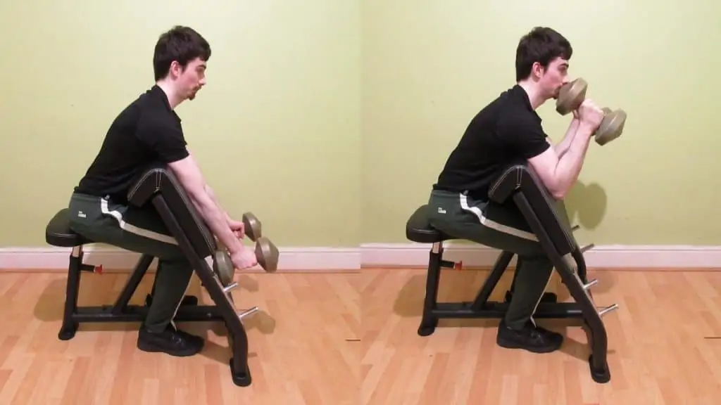 A man showing you how to do a hammer preacher curl for the biceps