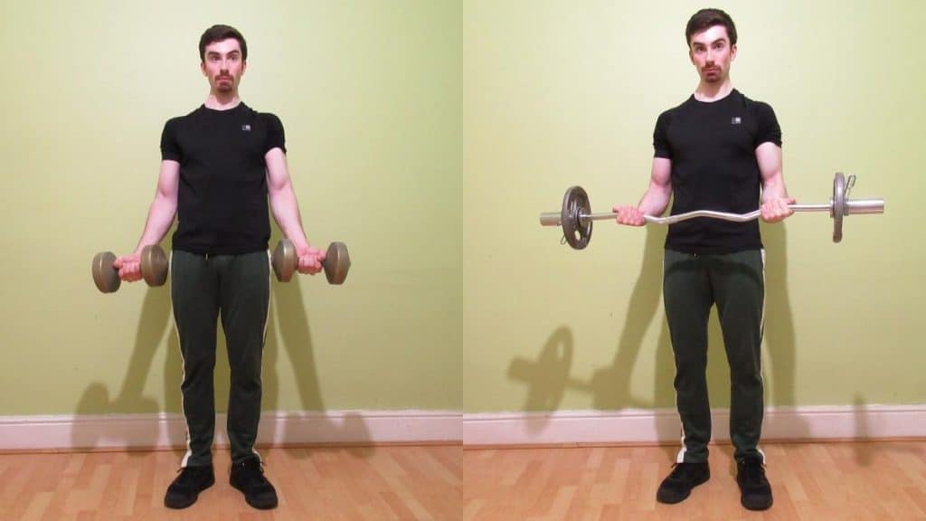 A man showing how much weight you should curl for your biceps with dumbbells and a bar