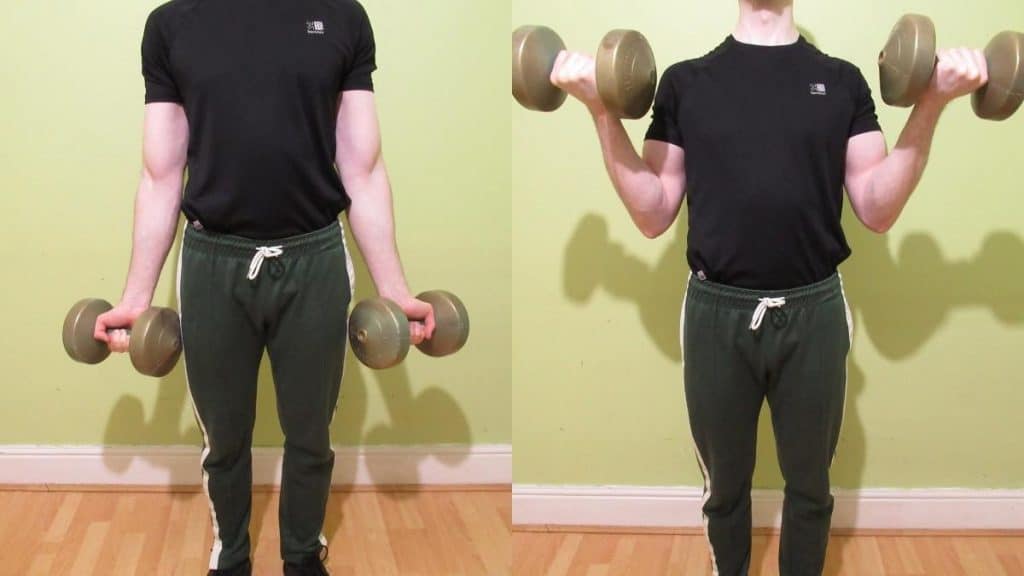 A man demonstrating how to do the arm curls exercise