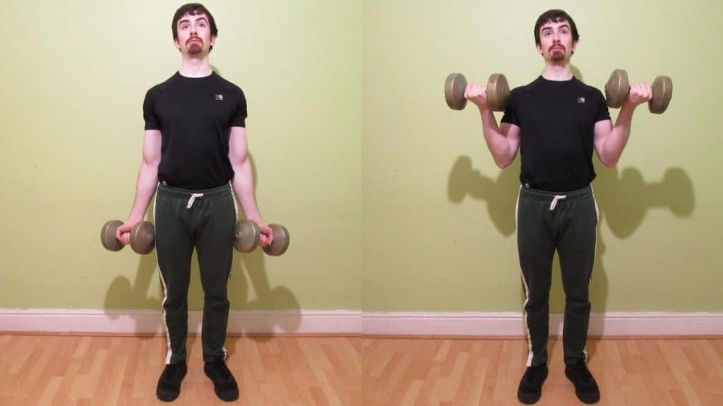 A man demonstrating how to do bicep curls with dumbbells using the proper form