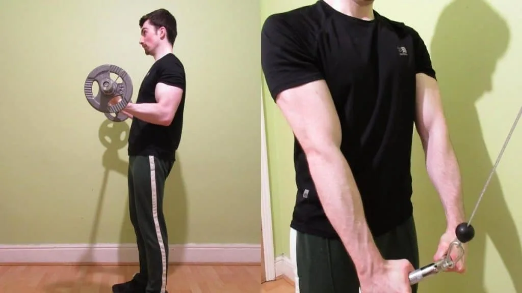 A man demonstrating how to get 21 inch arms (note, he doesn't actually have 21 inch biceps himself)