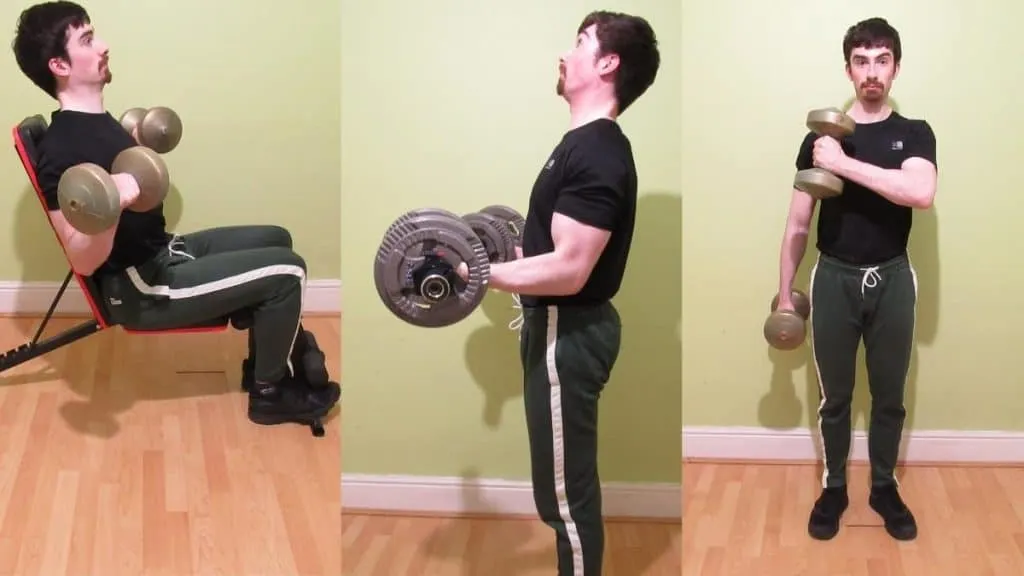 A man demonstrating how to get bigger biceps with dumbbells