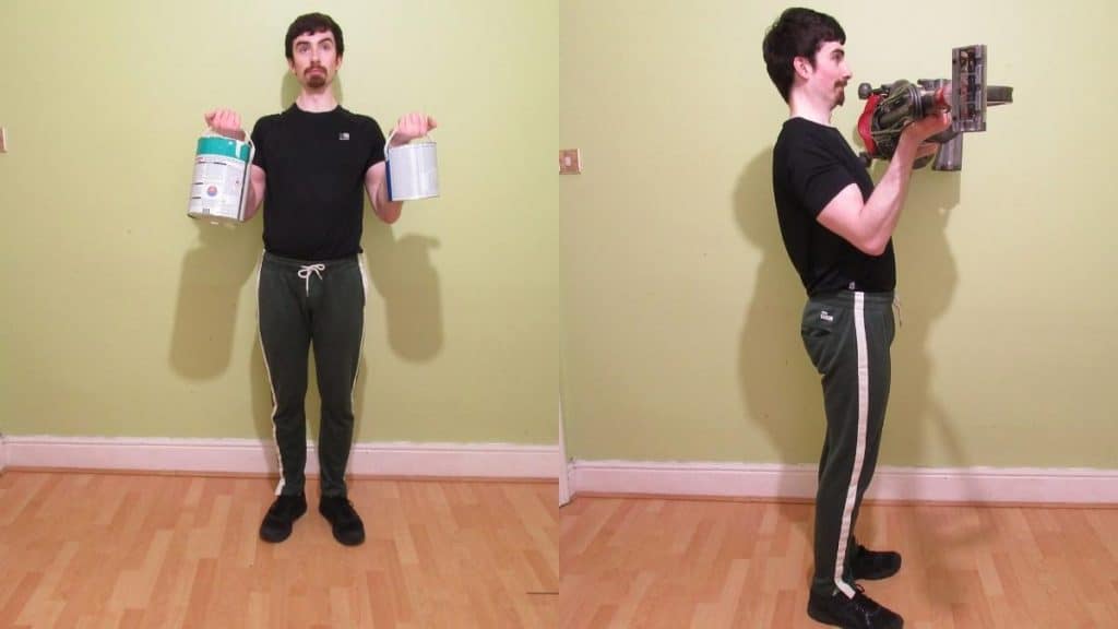 A man demonstrating how to work your biceps without equipment or weights