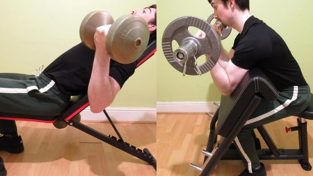 A strong man doing a side by side incline curl vs preacher curl comparison to illustrate the differences