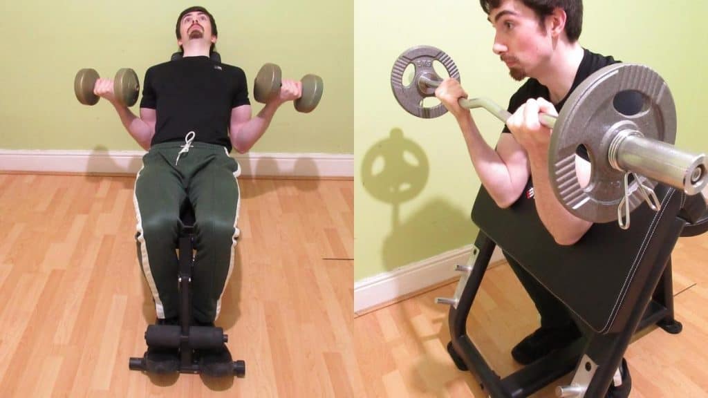 A weight lifter showing that you can do incline curls or preacher curls to work your biceps