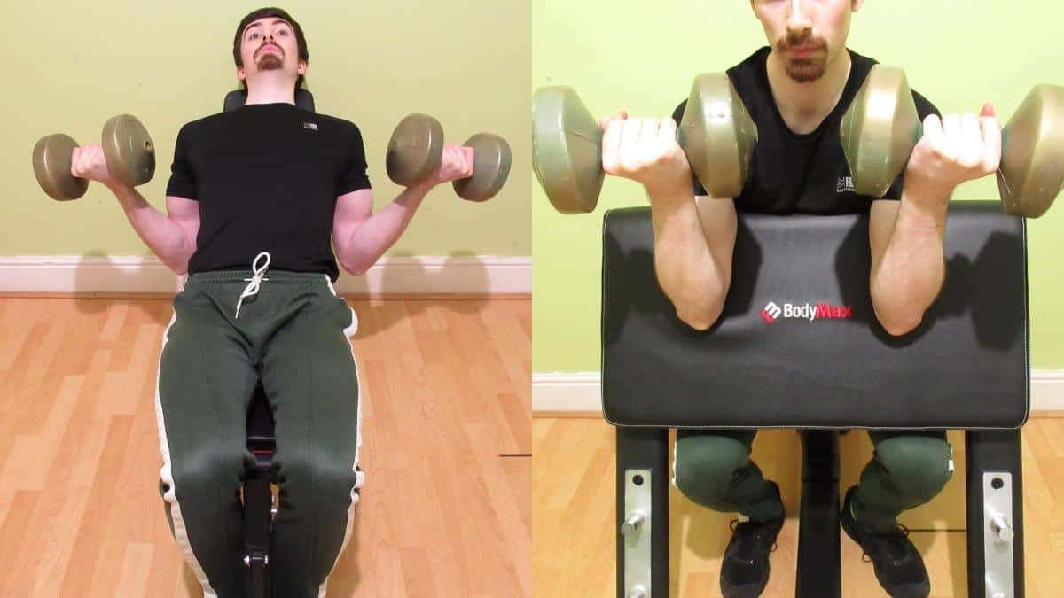 A man doing an incline curls vs preacher curls comparison to show the differences