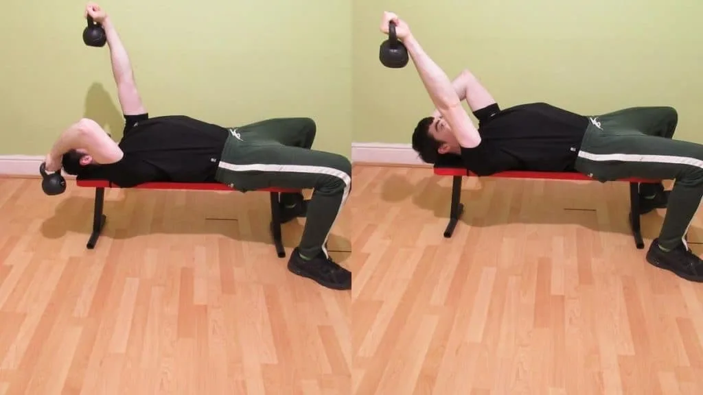 A man doing a kettlebell alternate skull crusher