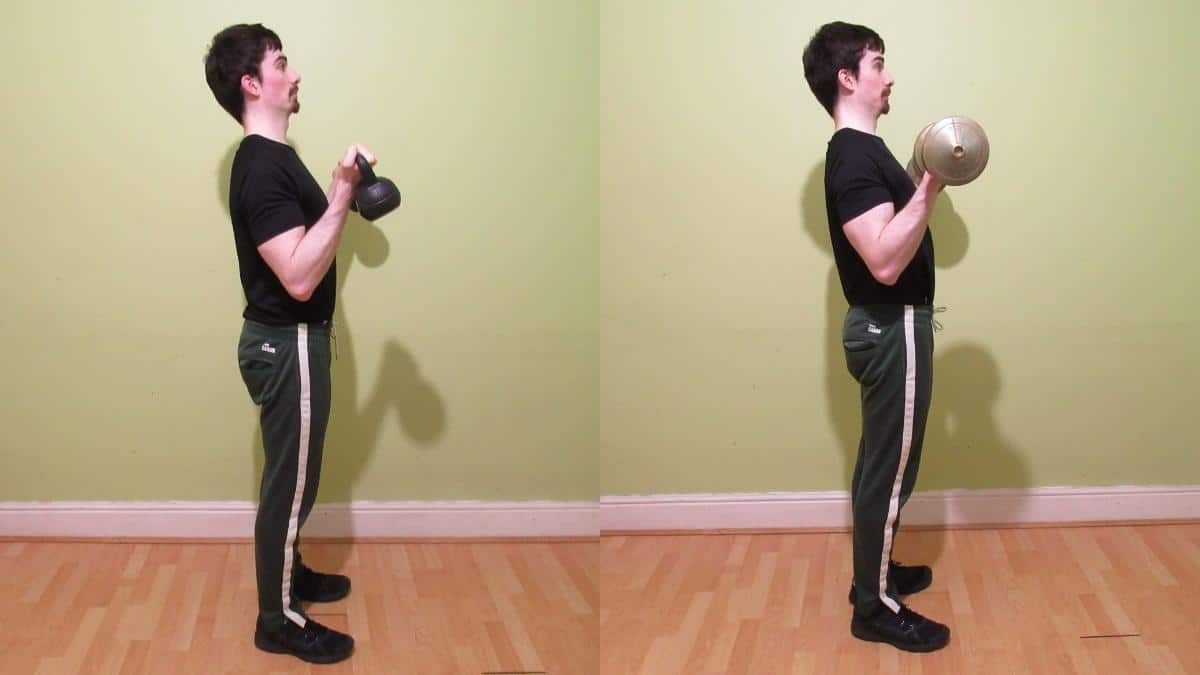 A man doing a kettlebell curls vs dumbbell curls comparison to show the differences