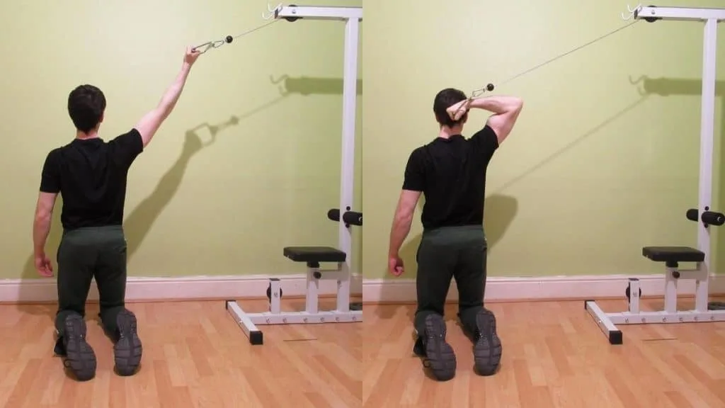 A man performing kneeling high pulley cable curls for his biceps