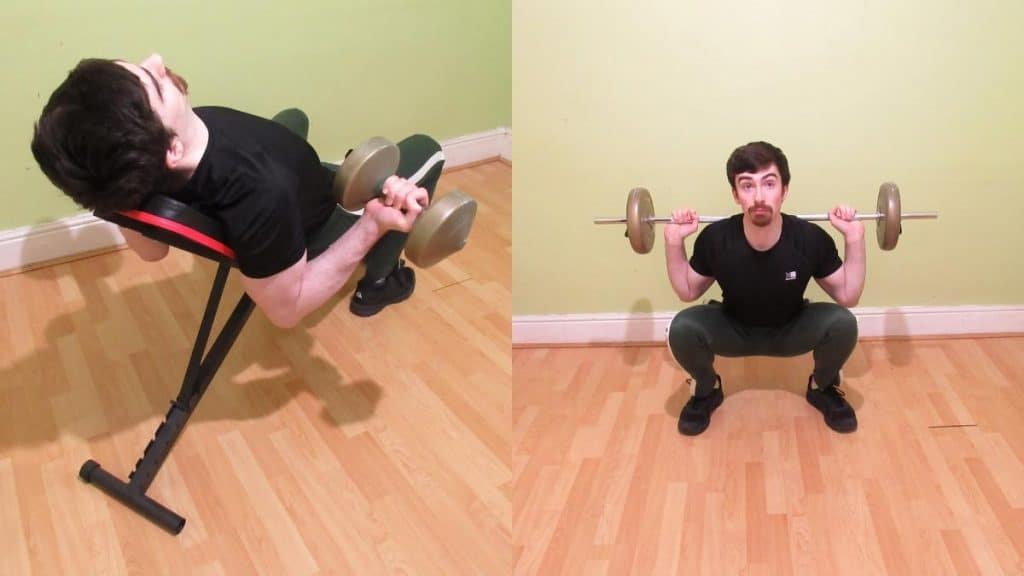 A weight lifter performing some exercises during a leg and arm workout