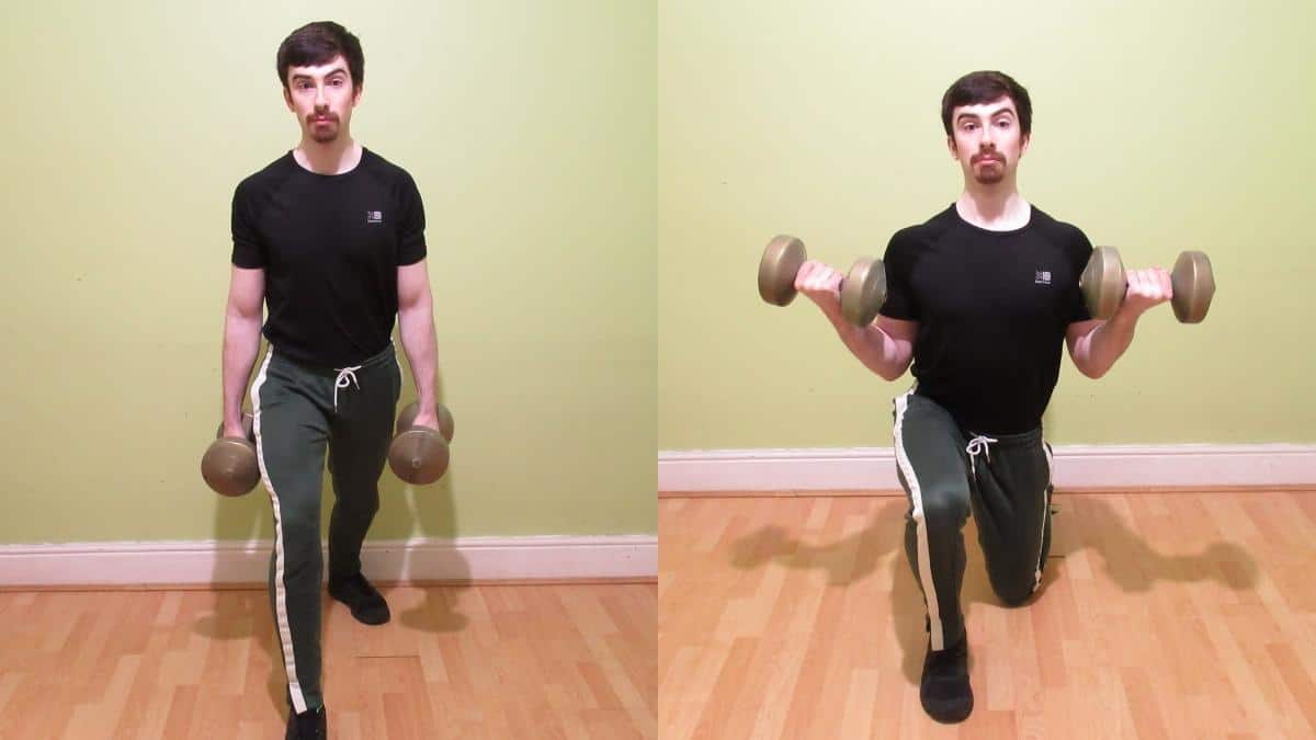 A man doing a lunge curl for his biceps