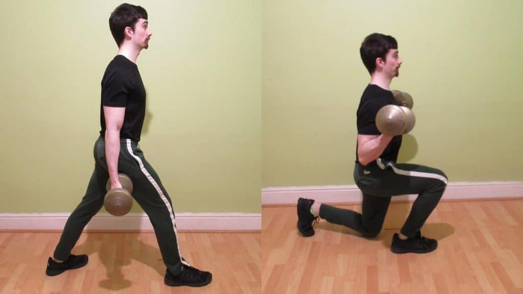 A man performing a lunge with a bicep curl