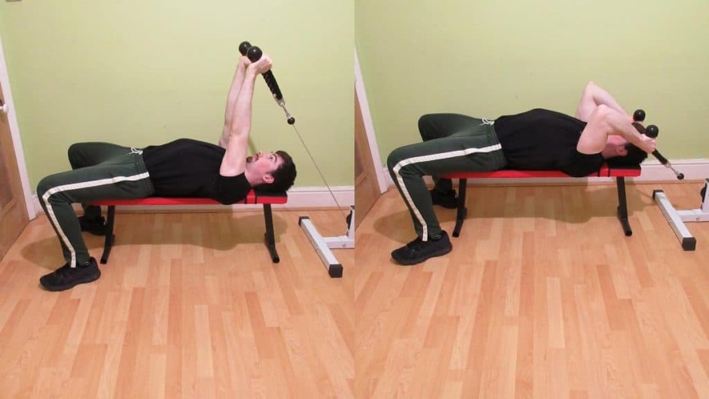 A man performing lying cable tricep extensions