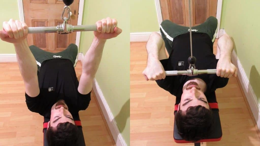 A man doing lying guillotine curls for his biceps
