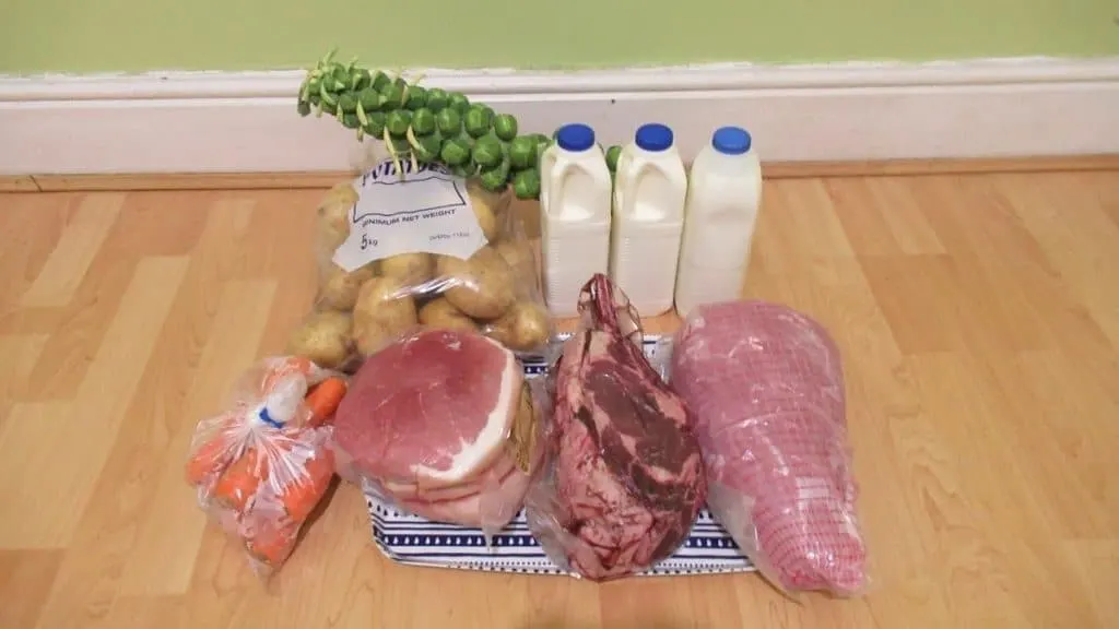 Muscle building foods including meat, milk, and potatoes