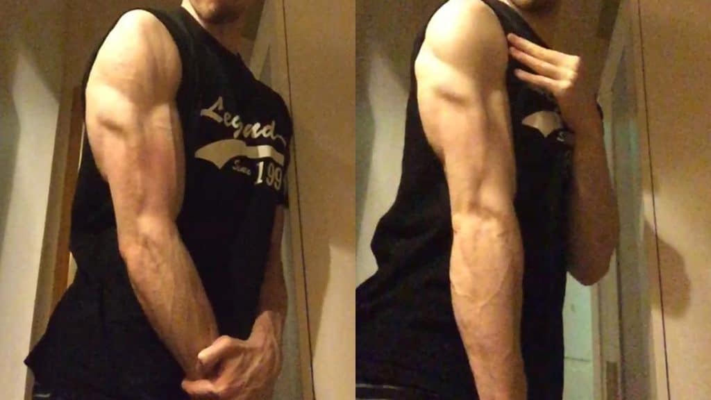 A man flexing his muscular triceps