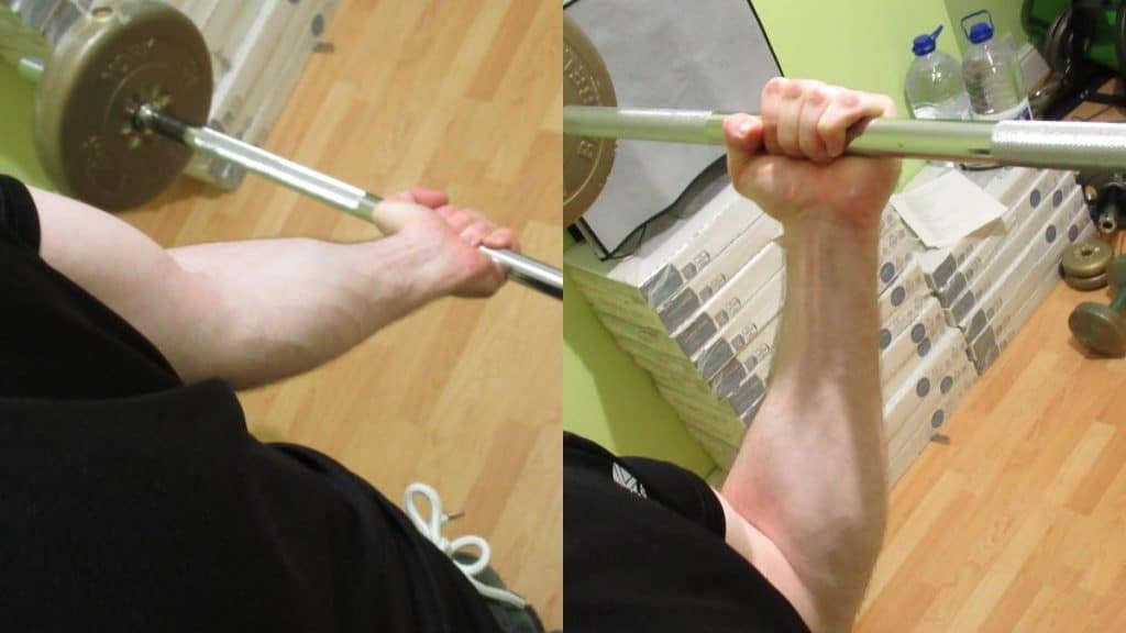 A man performing a one arm barbell curl